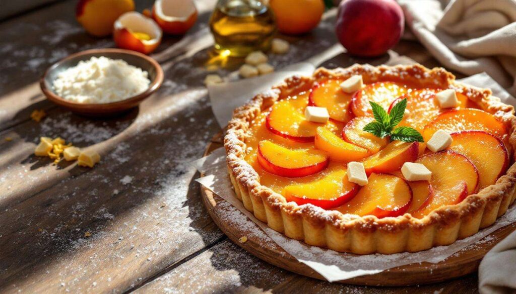 Crostata pesche e amaretti: frolla all’olio e crema di ricotta al cioccolato bianco