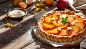 Crostata pesche e amaretti: frolla all’olio e crema di ricotta al cioccolato bianco