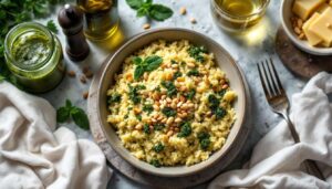 E che faccio, non lo preparo un bel risotto al pesto? Così buono che fanno a gara per l’ultimo cucchiaio